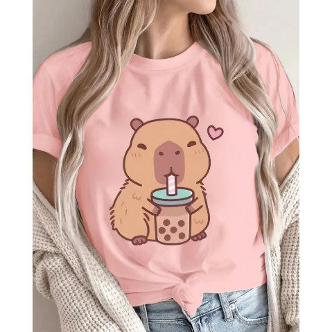 Camiseta Feminina Estampa Capivara 100% Algodão Premium Camisa Casual Moderna Fofa Confortável Estilosa
