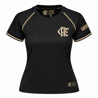 Camisa Flamengo Baby Look Feminina Jacquard Preto Dourado