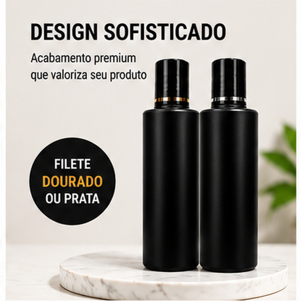 Kit Frascos 300ml Preto Tampa Disktop Rosca 28/410 Para Shampoo, Condicionador, Sabonete liquido