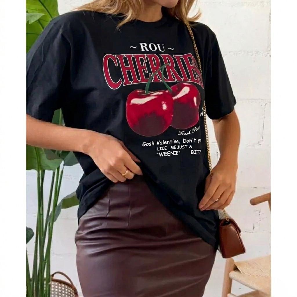 Camiseta Feminina Cereja Tendência Moda Blogueira Premium Estampada Algodão Casual Confortável RF