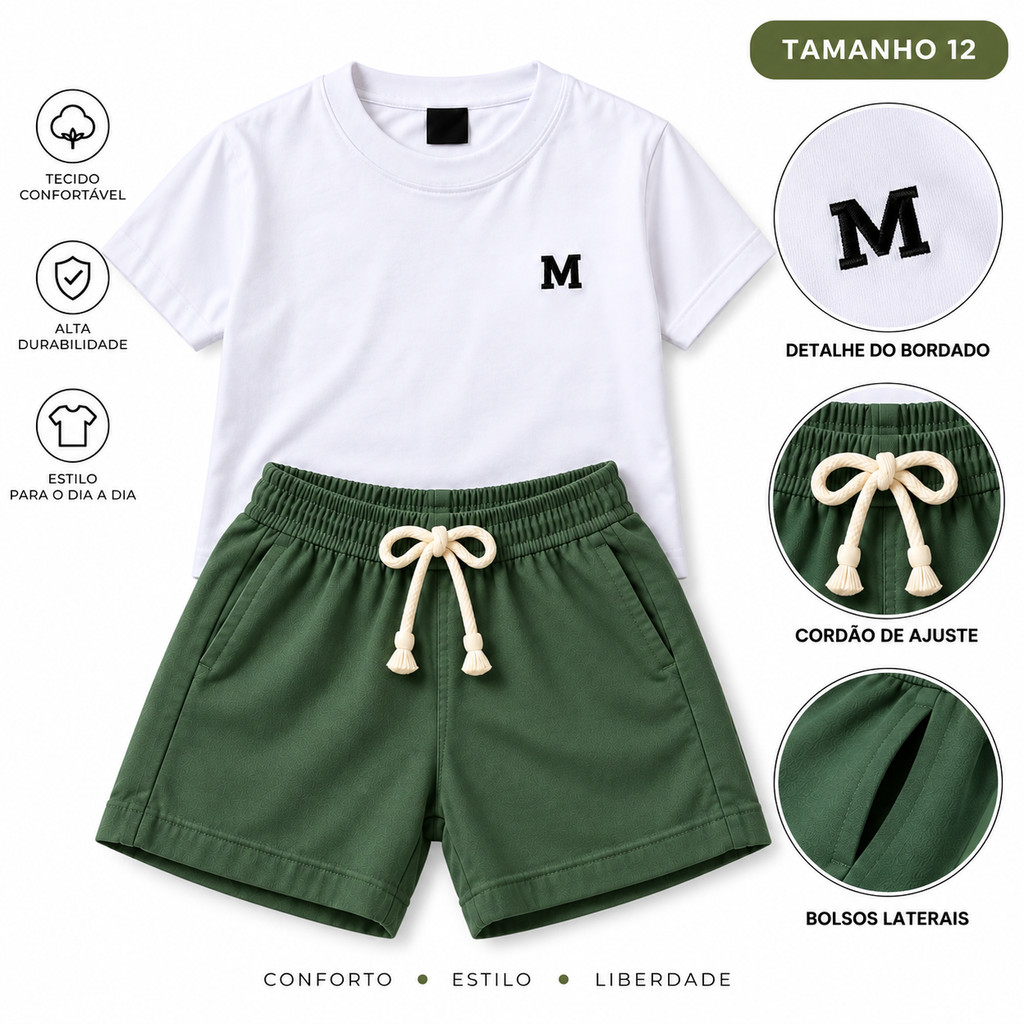 Conjunto Menino Roupa 2 Peças Camiseta + Short Masculino Verão Confortável Mauricinho Moda Kits Casual Tamanho 12