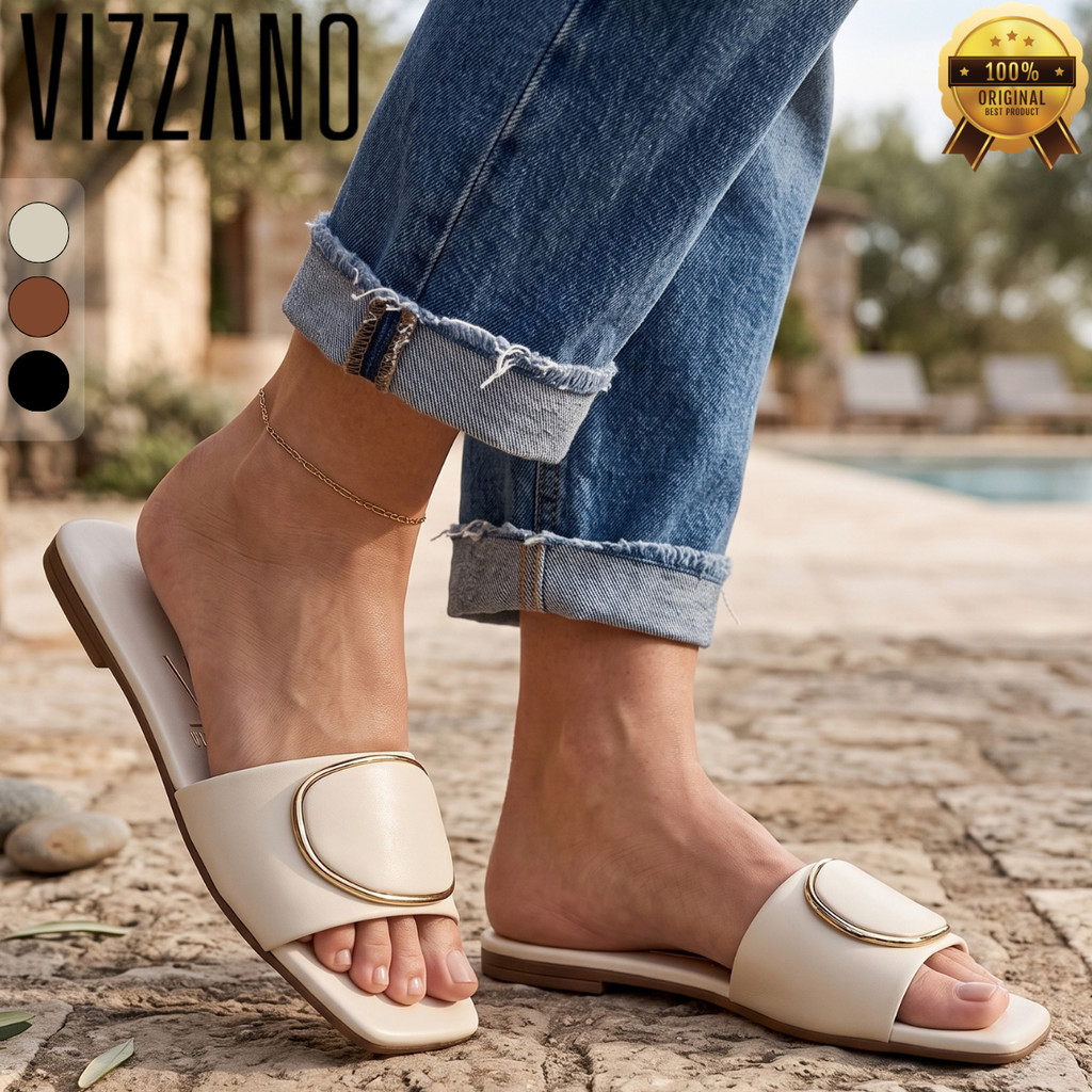 Sandália Rasteira Feminina Vizzano Bico Quadrado Confortável Calce Fácil Antiderrapante Leve Detallhe Dourado