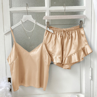 Conjunto de pijama feminino de seda e cetim, ideal para o verão, modelo XJ6V. Conjunto de pijama feminino de seda e ceti