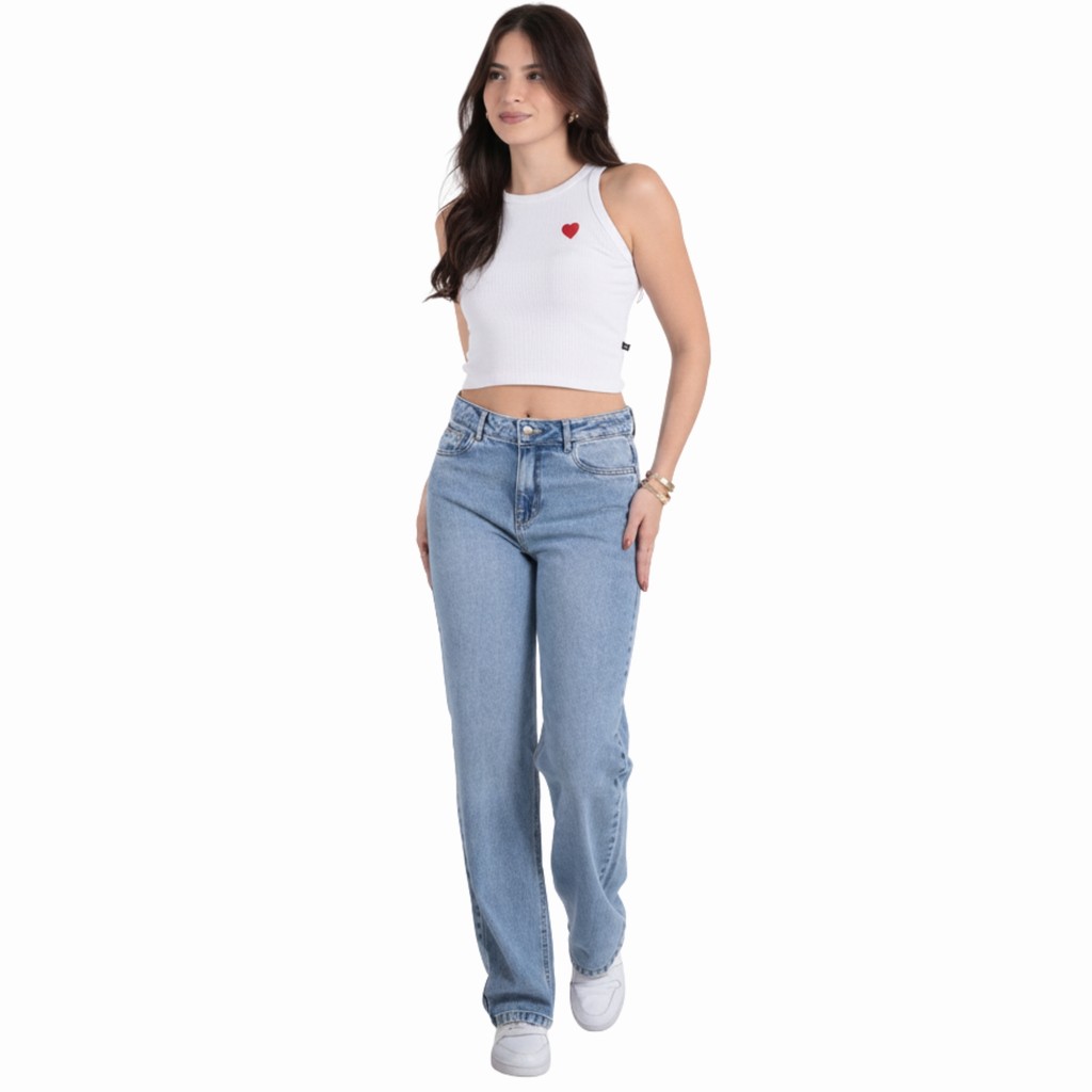 Calça Jeans Feminina Reta Cintura Alta Bordado Coração 100% Jeans Revanche Bolsos Funcionais 00456
