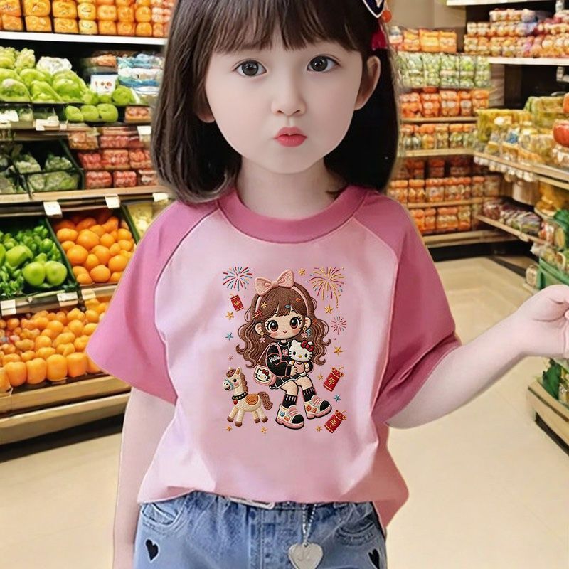 2026 algodão puro novo estilo meninas camiseta de manga curta verão crianças versão coreana solta estilo ocidental impre