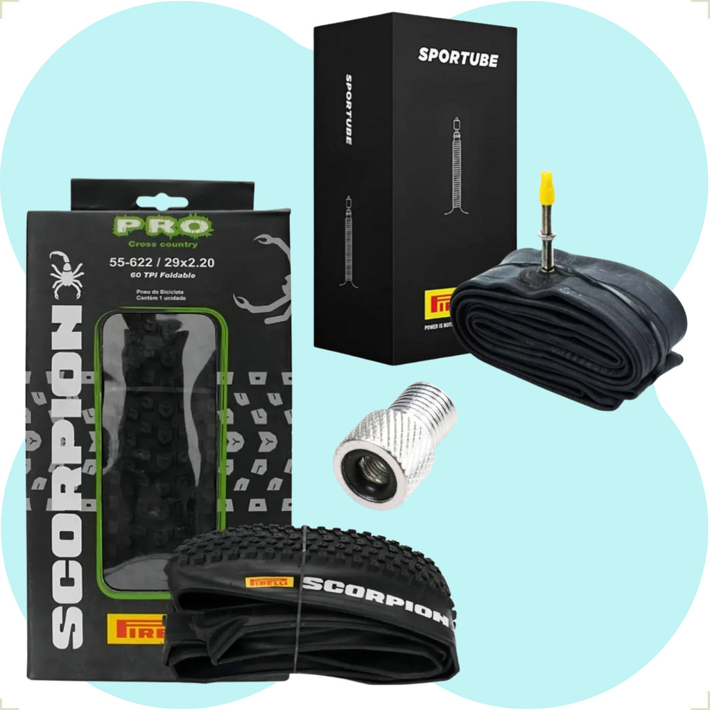 Pneu Pirelli Scorpion Aro 29 x 2.20 Kevlar Sem arame Cravudo Mtb + Camara Pirelli Bico fino + brinde