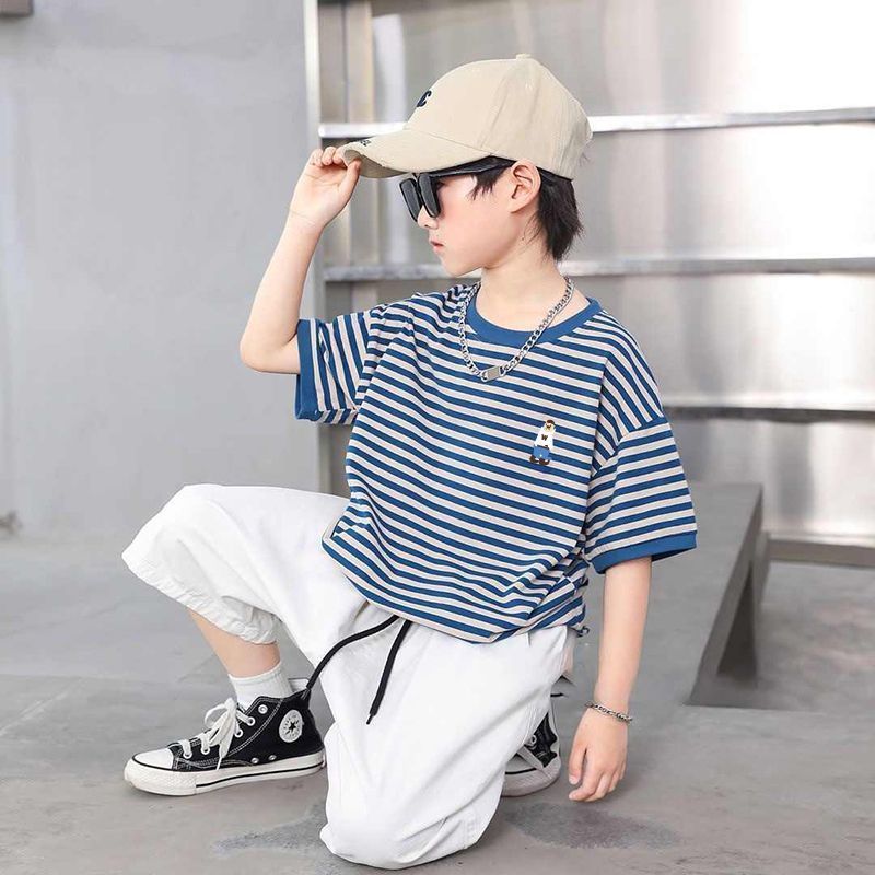 Meninos listrado de manga curta algodão puro 2026 verão roupas infantis listrado camiseta moda urso padrão topo roupas d