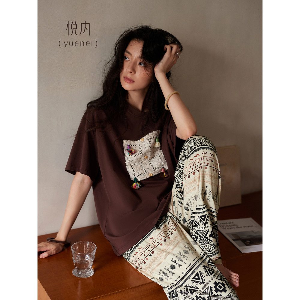 Yue pijamas internos femininos verão verão puro algodão calças de manga curta Loungewear Retro Casual tamanho grande est