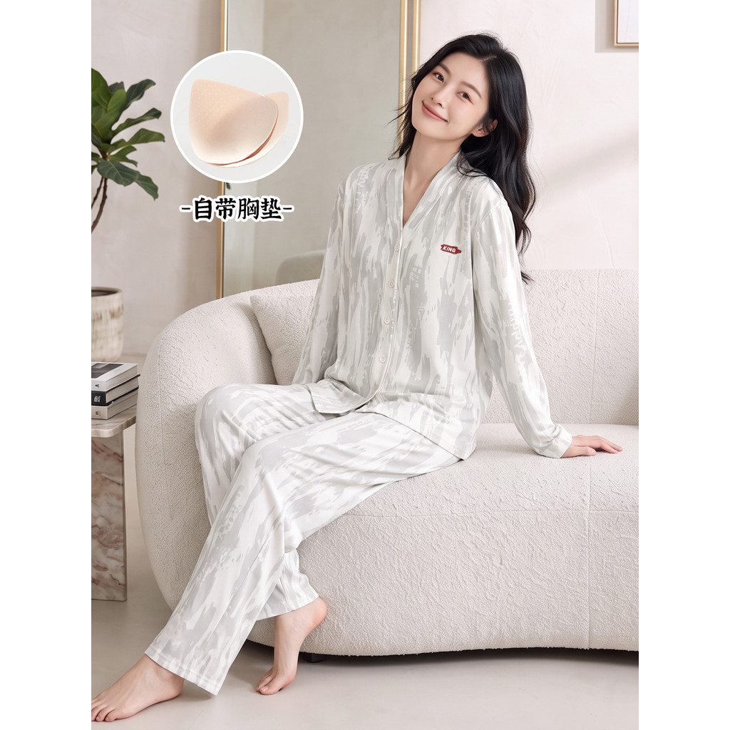 Pijamas de algodão puro feminino primavera outono manga comprida calças de manga comprida Cardigan estilo Casual meia-id