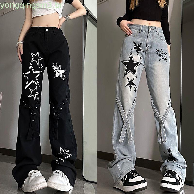 Weila Ins Style Star Print Y2K Subculture Trend Calças De Ganga Femininas De Cintura Alta Casual Slimming Loose Fitting