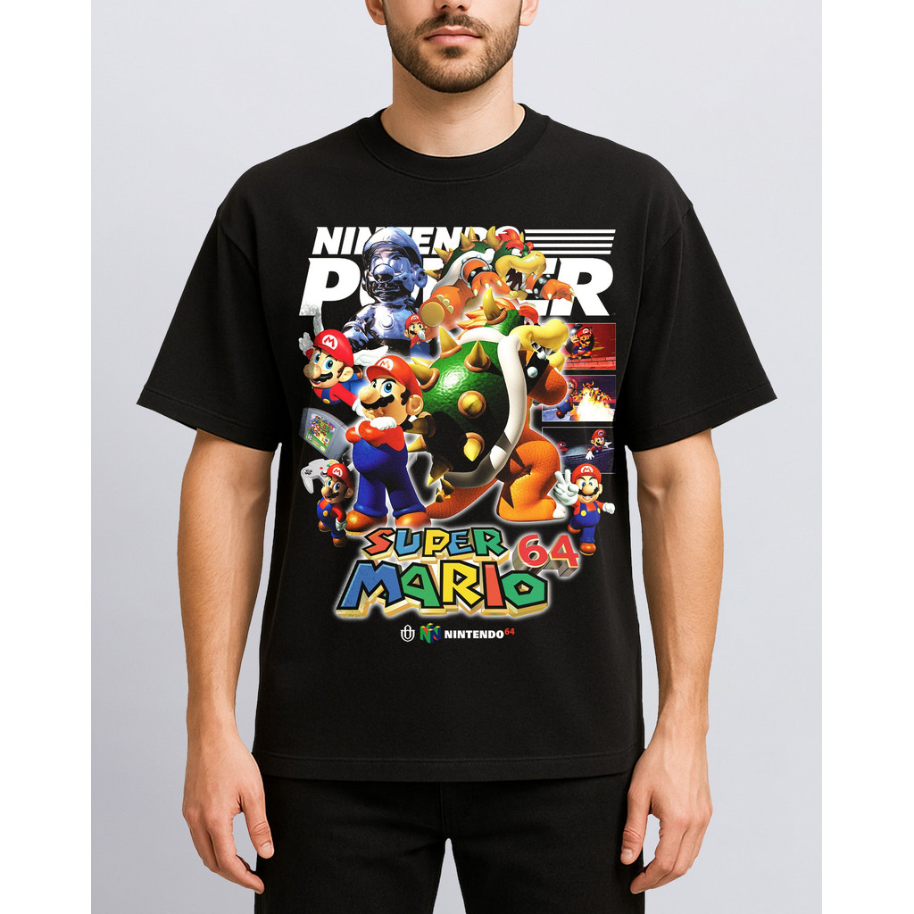 Camiseta Masculina Estampa Super Mario 64 Personagens Nintendo Preta Confortável Estilosa Divertida Retrô