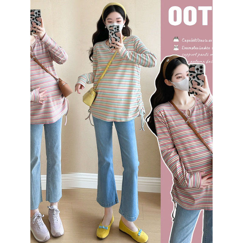 Roupa de maternidade primavera outono moda temperamento doce manga comprida camiseta maternidade capa solta barriga colo