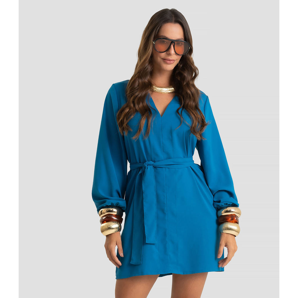 Vestido Curto Feminino Twill cey Com Cinto Dianna Azul