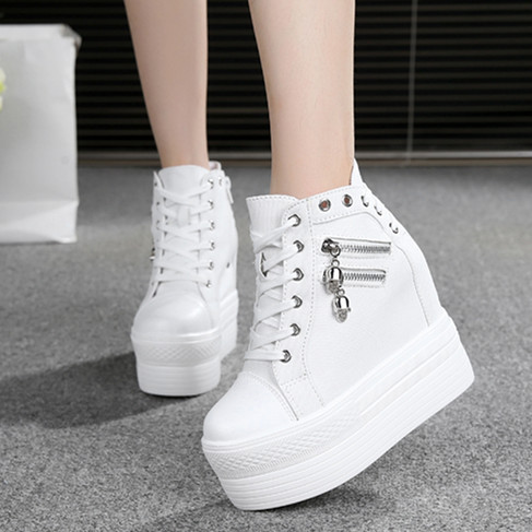 Primavera branco invisível interior aumentando sapatos femininos 12cm outono sola grossa plataforma Casual de alta quali