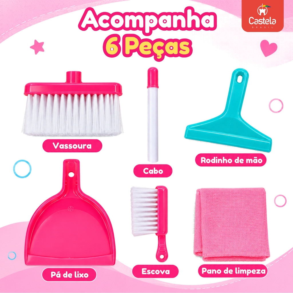 Kit De Limpeza Infantil cor Rosa com 6 Acessórios Brinquedo Faz de Conta Vassoura Rodo Pano Pá e Escova - Castela — imagem 2 de 2