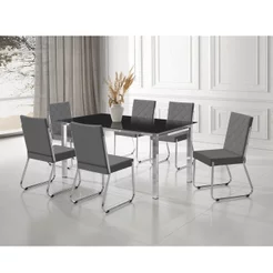 Conjunto Sala de Jantar Mesa Ortenia Tampo Vidro com 6 Cadeiras Dinah New Cinza/Cromado Cromado/Cinza