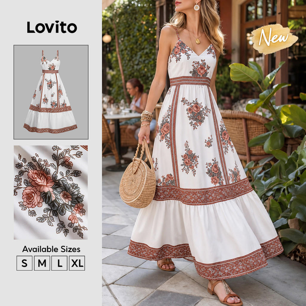 (New Arrival) Lovito Vestido Feminino Casual Floral Floral Longo Com Barra De Babados Para Primavera Verão Br Férias Feriados E Fins De Semana Praia Primavera DRB40BR014