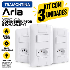 Kit 3 Tomada 10A 250V Com Interruptor Tomada + Tecla Embutir Linha Aria Tramontina