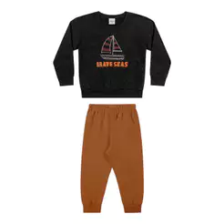 Conjunto Infantil Menino Barco Bordado Elian Preto