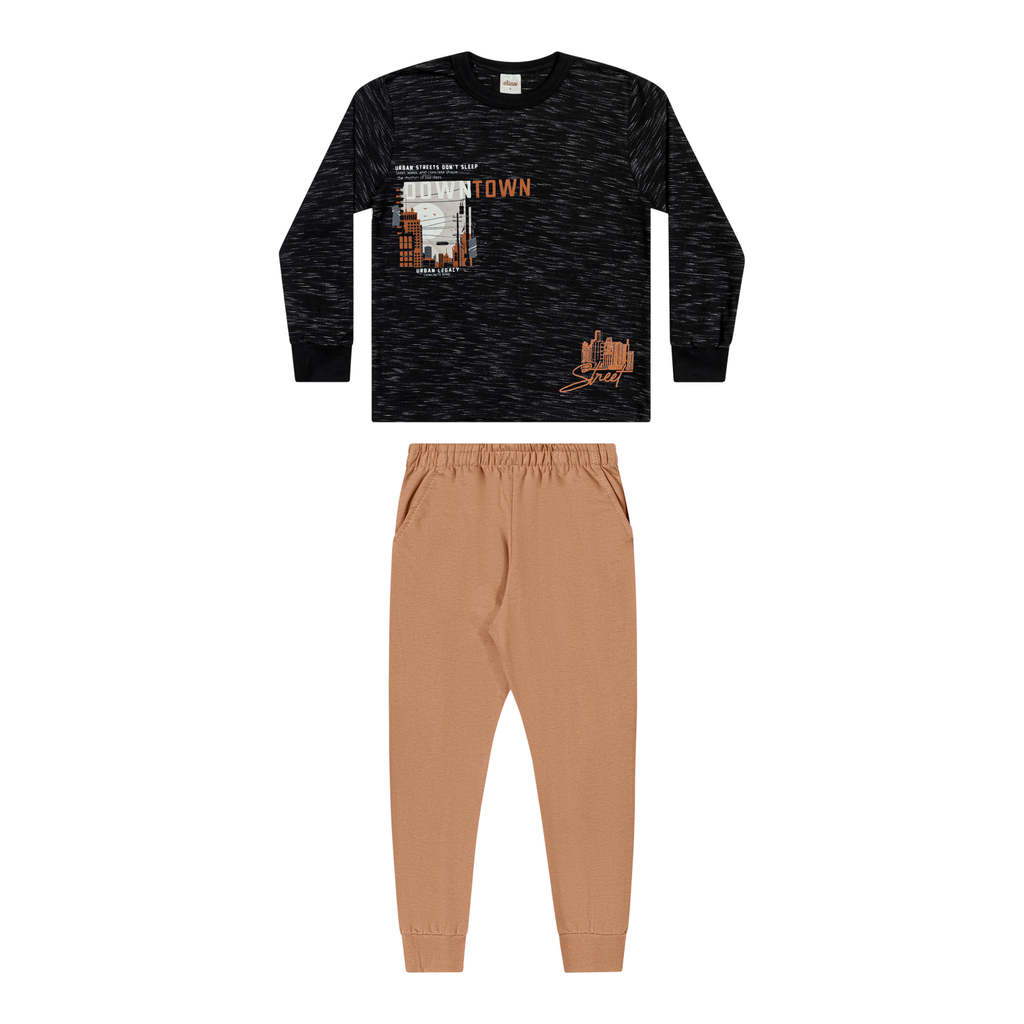 Conjunto Longo Infantil Menino Malha Rajada Elian Preto