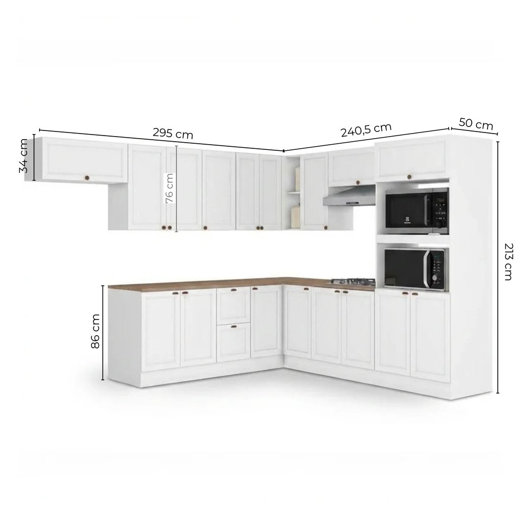 Cozinha Completa Modulada Americana 10 Peças Paneleiro Torre Quente e Balcão com Tampo Unna Yescasa Branco Branco · foto 2