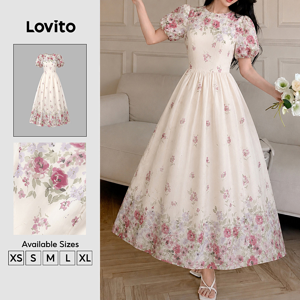 Lovito Vestido Elegante com Drapido Estampa Da Primavera/verão Branco para Mulheres DRK9P1D155
