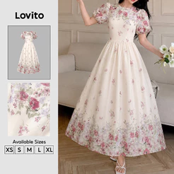 Lovito Vestido Elegante com Drapido Estampa Da Primavera/verão Branco para Mulheres DRK9P1D155