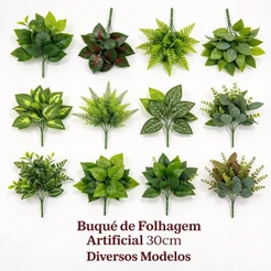 Folhagem Artificial Buquê 30cm | Vários Tipos de Folhas para Parede Verde, Arranjos e Festas