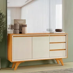 Buffet para Sala de Jantar Laqueado 100% MDF 2 Portas Pés Madeira Maciça Piazza Naturalle/Off White