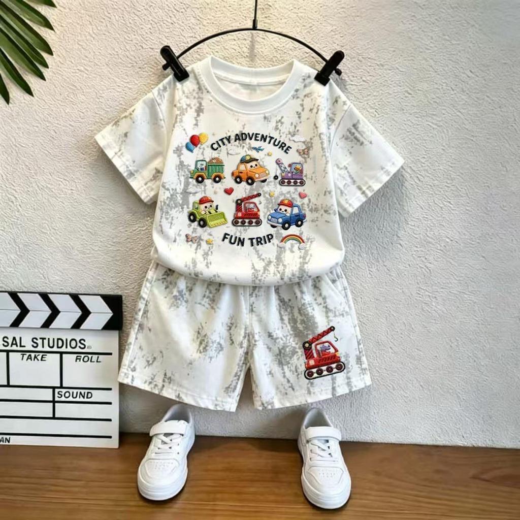 Crianças terno meninos camiseta verão médio pequeno crianças All-Match novo estilo escavadeira dos desenhos animados Sho