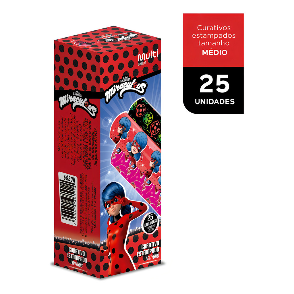 Pack 25 Curativo Estampado Lady Bug com 25 Un. C/U Miraculous Multi Saúde - HC359
