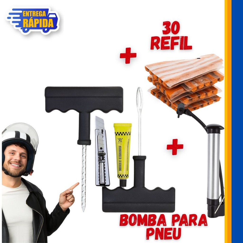 KIT Reparo Pneu sem Camara p/Carro e Moto + 3 Refil Selante Macarrão Remendo + Bomba de ar estilete