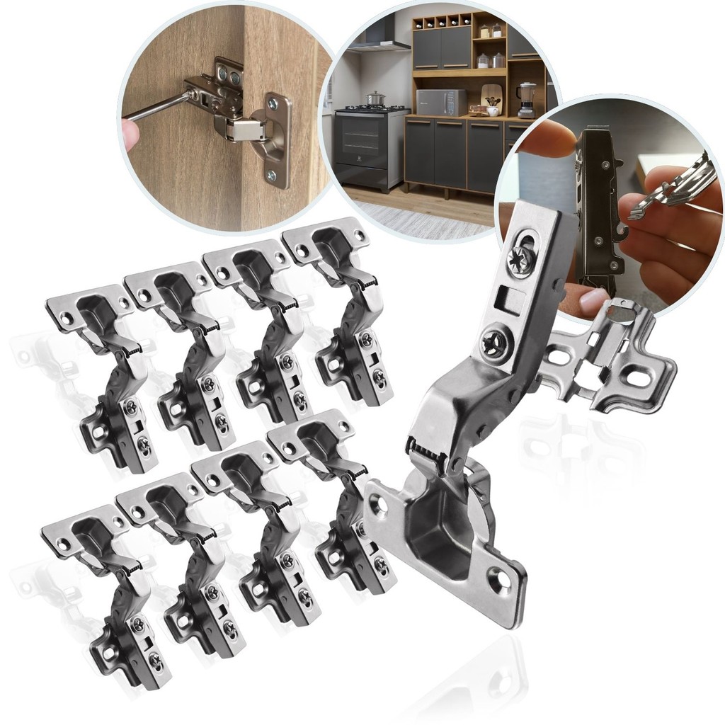 Kit 10 Dobradiça Super Curva Embutir 35mm Click Amortecedor Portas Móveis Armário Caneco Resistente Mola Calço Soft
