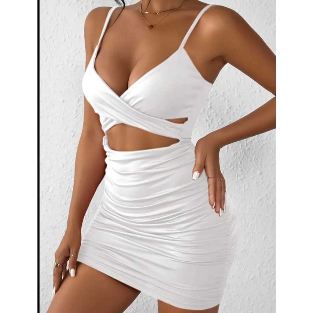 Vestido Feminina mini  sexy com Recortes Franzidos com Decote V Sem Mangas nimi saias em Oferta na Shopee