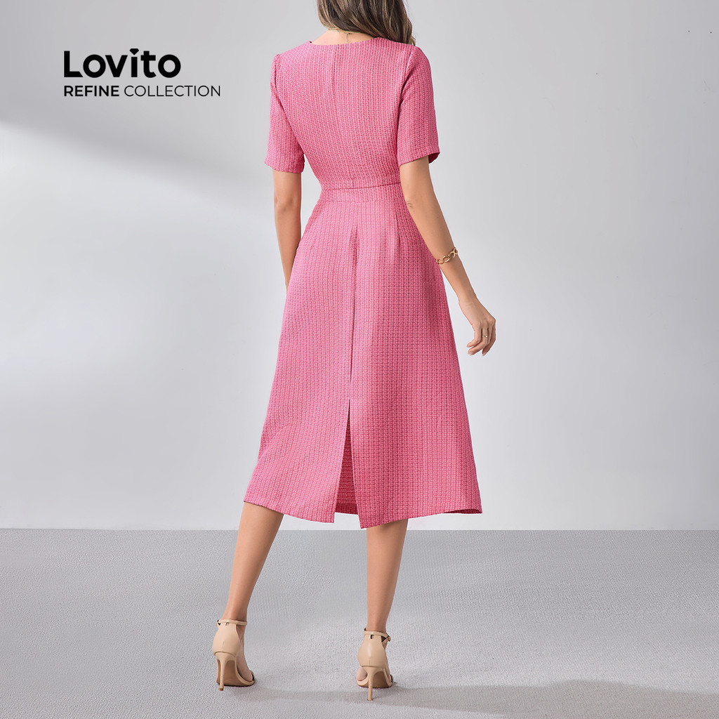 Detalhes do (Lovito Refine) Conjunto Rosa Elegante com Botões e Boa Textura de Saia para Mulheres LR12L010