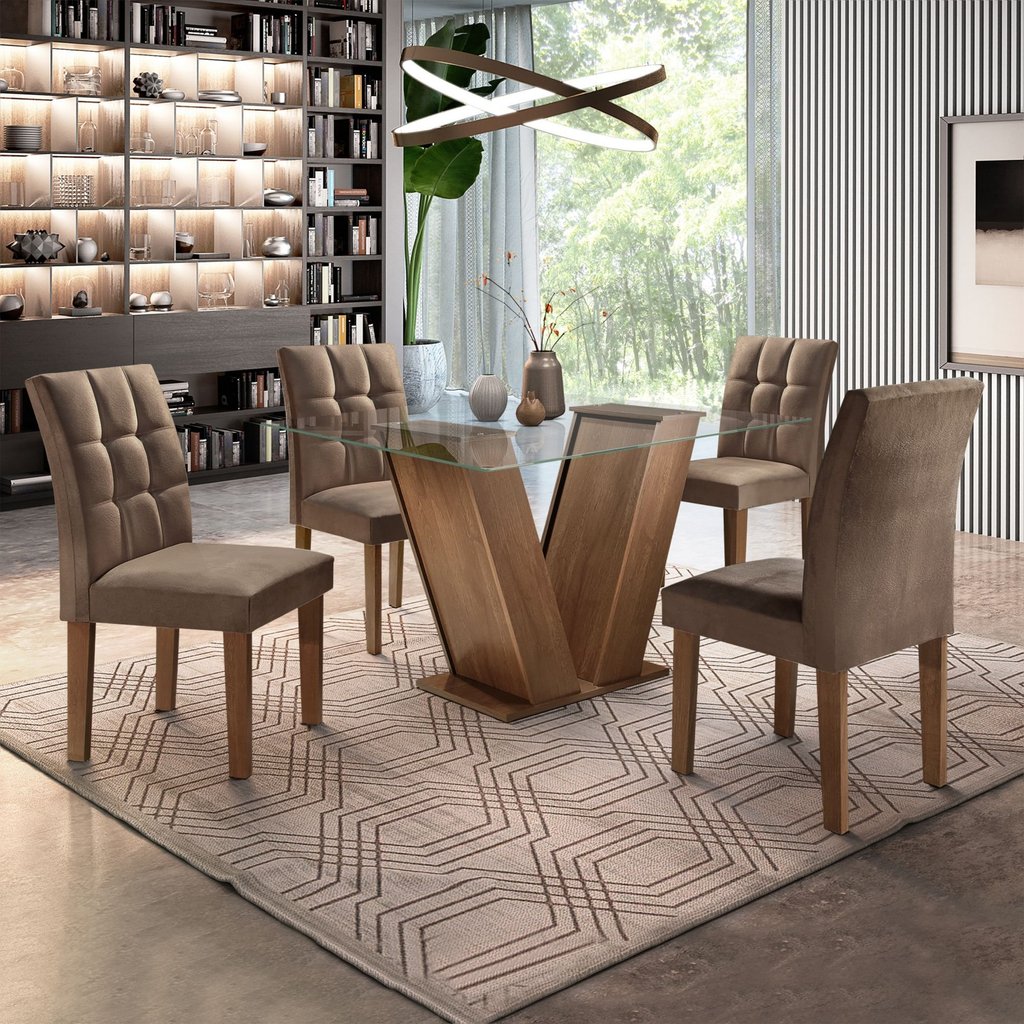 Conjunto Sala de Jantar Mesa Classic Tampo de Vidro 4 Cadeiras Vitória Chocolate/Animale Marrom em Oferta na Shopee