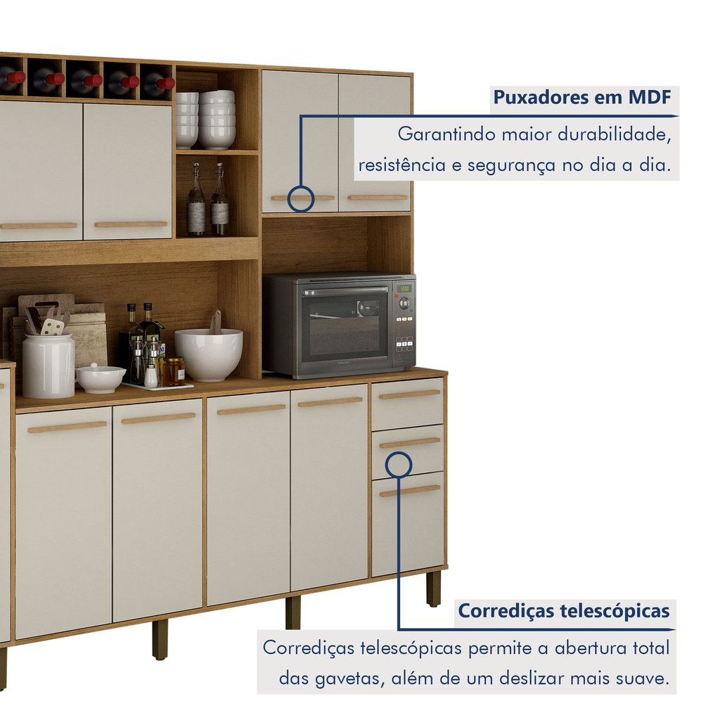Detalhes do Armário para Cozinha 13 Portas 2 Gavetas Agata  Cinamomo/Off White