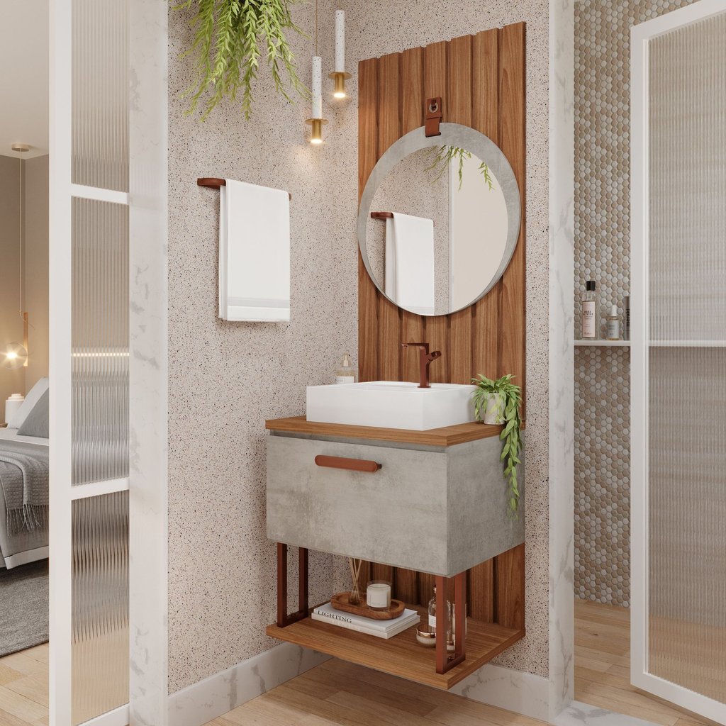 Gabinete Suspenso com Cuba, Painel Ripado e Espelheira 60cm Mari Espresso Móveis Cimento em Oferta na Shopee