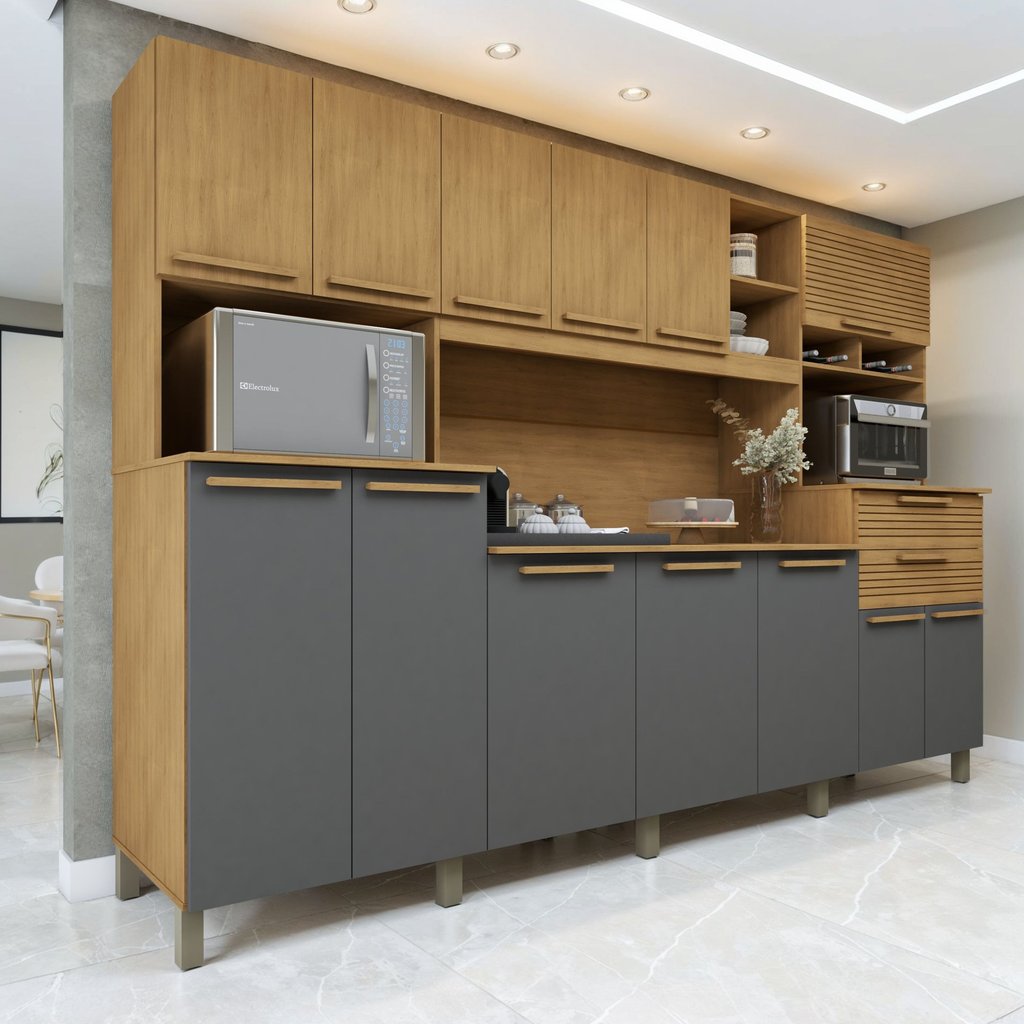 Armário de Cozinha 13 Portas 2 Gavetas Capitólio Cinamomo/Grafite em Oferta na Shopee