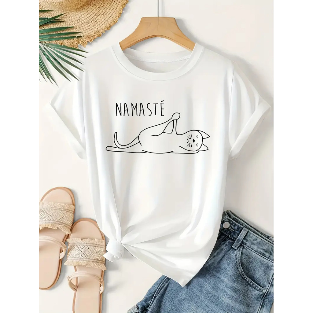 Camiseta Feminina Yoga Gato Relaxadas 100% algodão