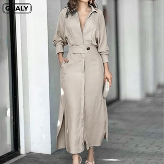 Vestidos Feminino Camisão De Manga Lapela Comprida De Cor Sólida Profunda V Com Botão Frontal Para Mulheres - QUALY