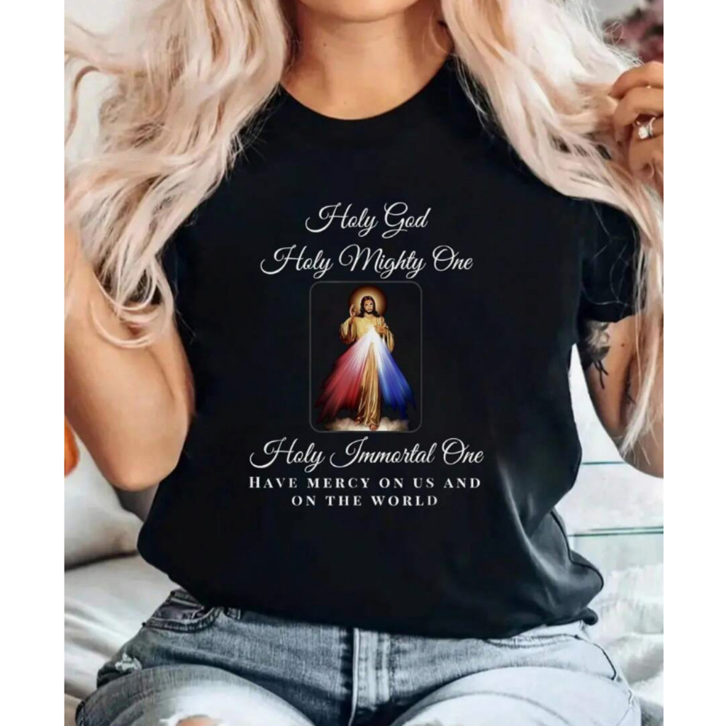 Bonito Camiseta Católica Oração Divina Misericórdia Espírito Santo Poder Santo, 100% Algodão Respirável E Confortável