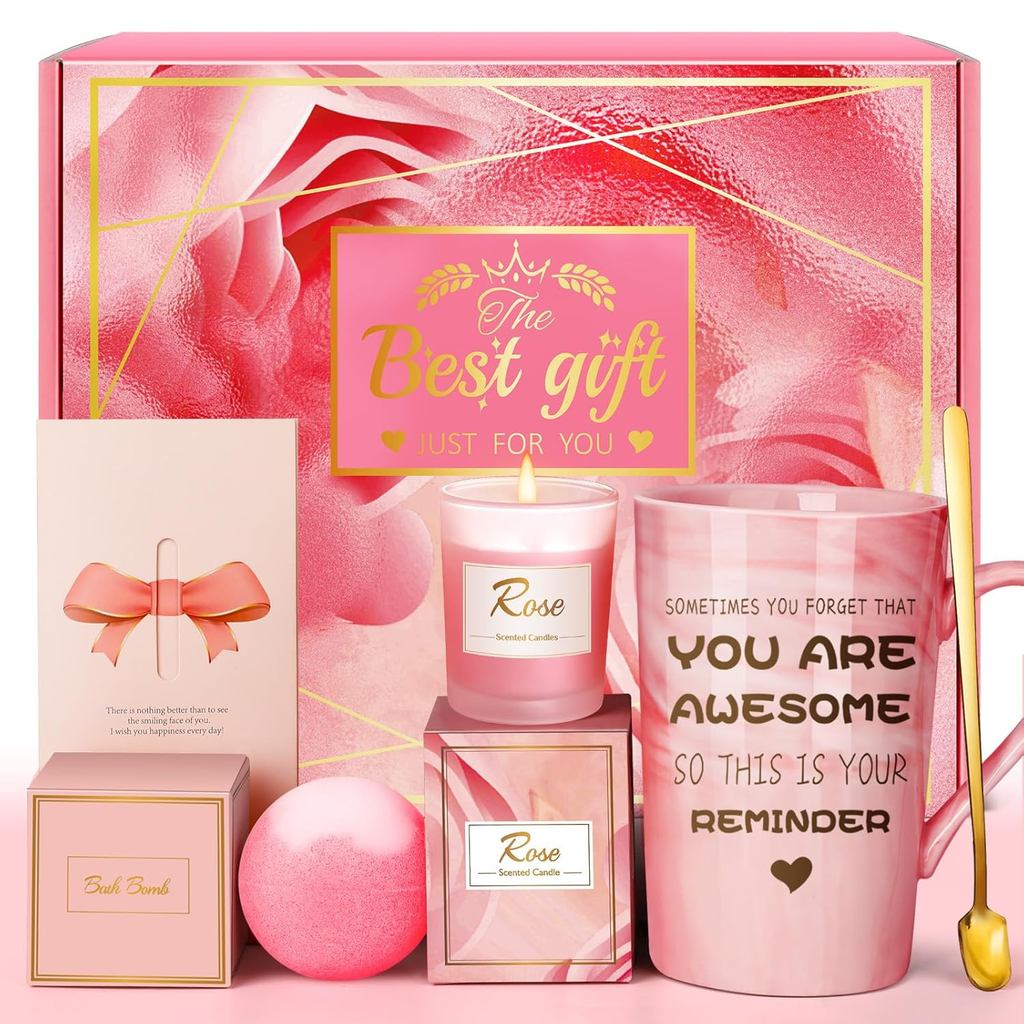 Presentes de Aniversário para Mulheres, Mãe, Irmã, Amiga: Conjunto Único de Cestas de Spa de Cuidado Pessoal Rosa, Natal