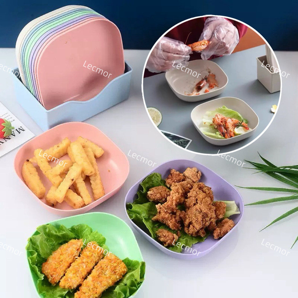 Kit com 10 Pratos Quadrados Fibra de Trigo Coloridos e 1 Porta Pratos para Petisco Molho Lanche