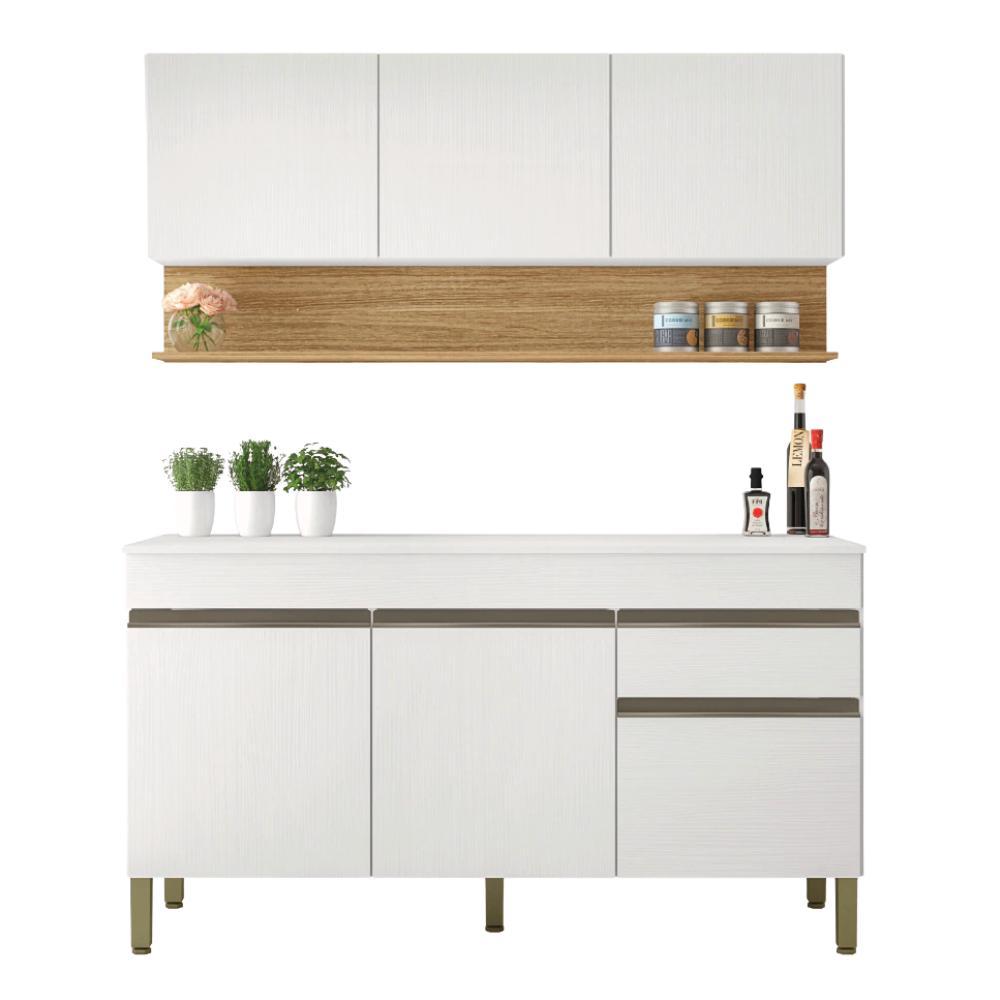 Kit Armário de Cozinha e Balcão Completa 1,50m Line Branco / Madeirado Kit's Paraná em Oferta na Shopee