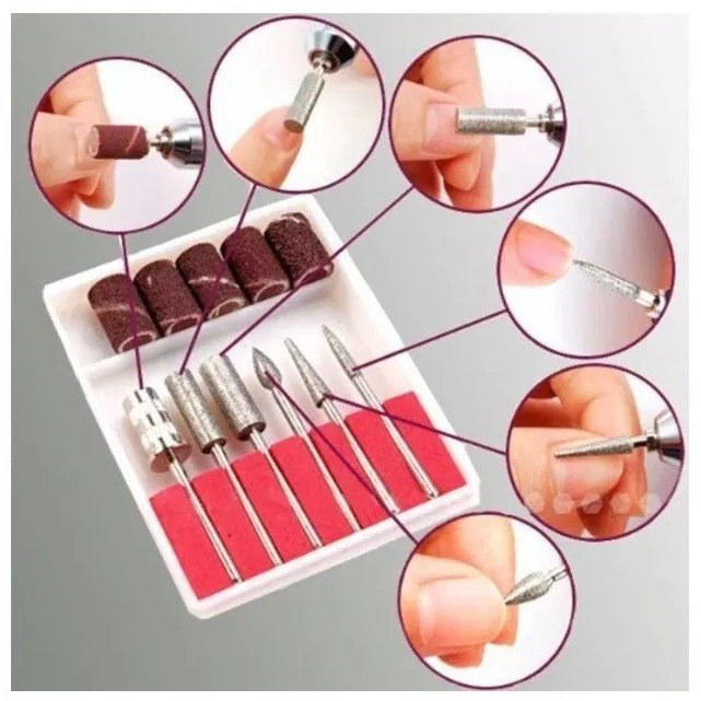 Kit 6 Brocas e 6 Lixas Para Acabemnto Lixa Unha Elétrica Beleza Unhas de Acrigel