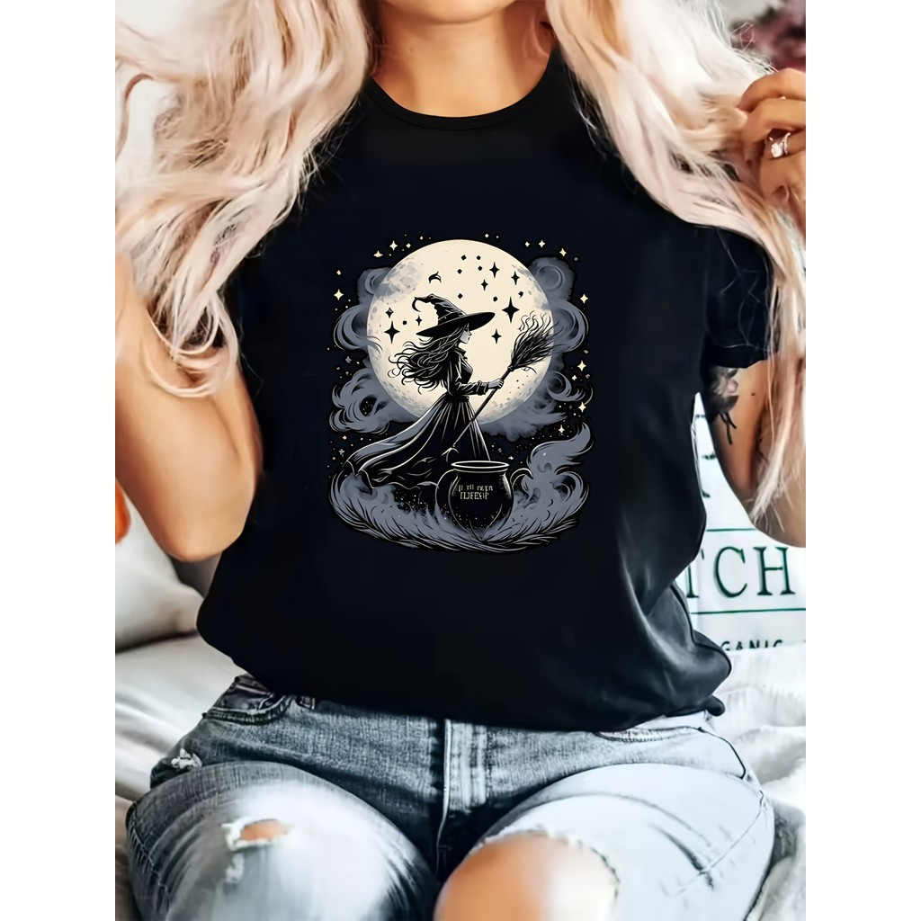 [Camiseta Premium em Algodão Puro]SISI Camiseta Feminina Plus Size Halloween Bruxa Lua Estrelas Unissex Shirt Oversized