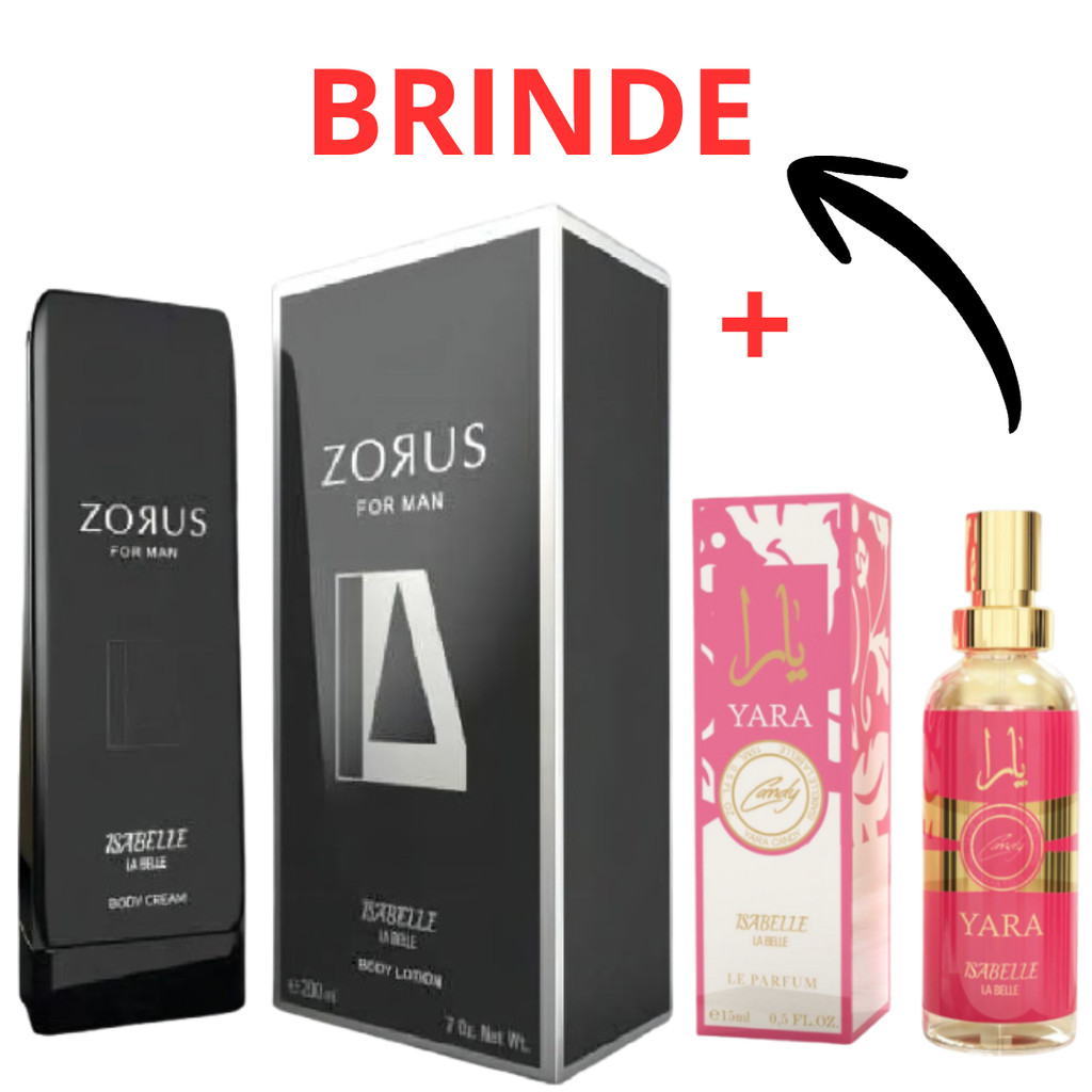 Kit Creme Bisnaga Zorus e + Perfume Arabe Yara Candy 15ml Hidratante Corporal 200ml