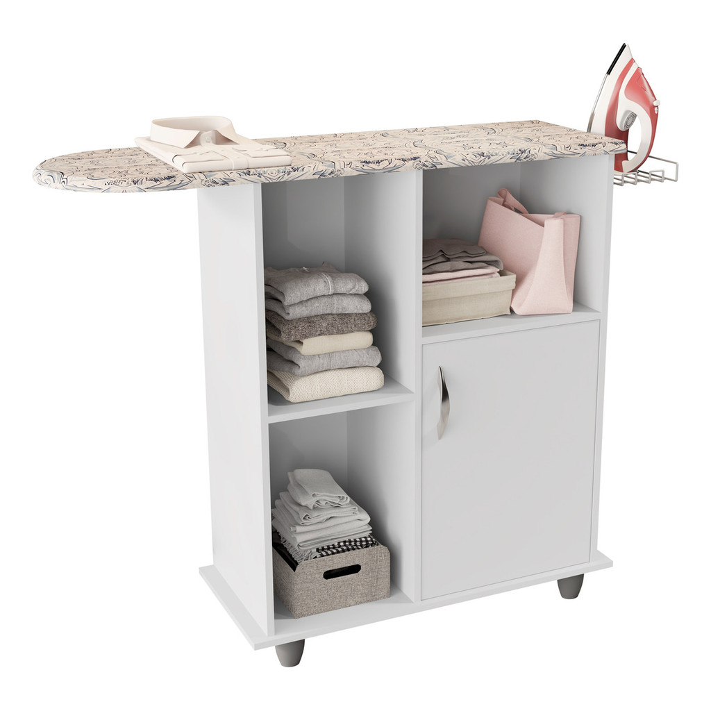Tábua de Passar Roupa Com Armário Organizador 1 Porta e Suporte p/ Ferro MDF Compacta - Casa Organizada e Roupa Passada