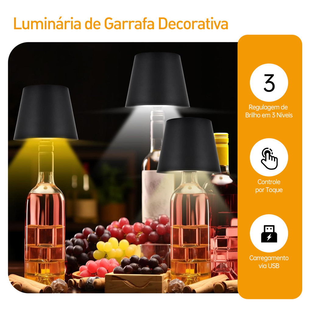 Luminária para Garrafa Led 3 Tons Abajur de Mesa Portátil Decoração Sala Whisky Vinho Iluminação